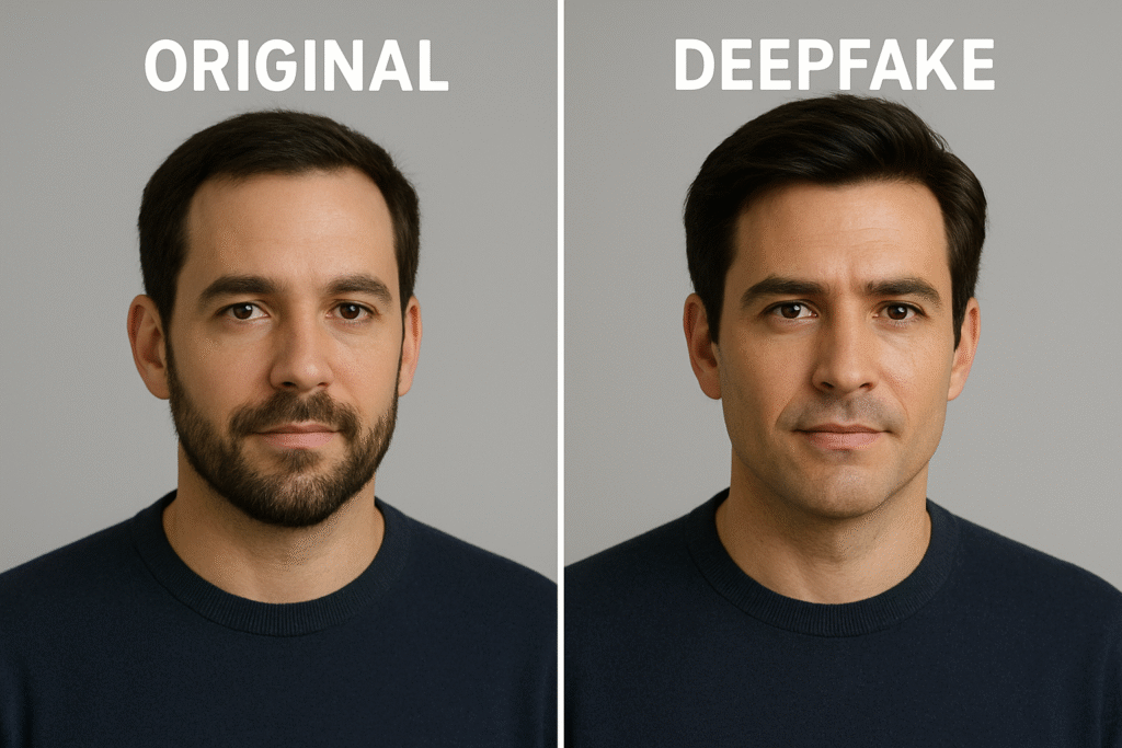Illustration showing AI-generated deepfake cyber threats with synthetic video and audio manipulation representing cybersecurity risks in 2025