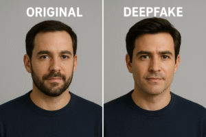 Illustration showing AI-generated deepfake cyber threats with synthetic video and audio manipulation representing cybersecurity risks in 2025