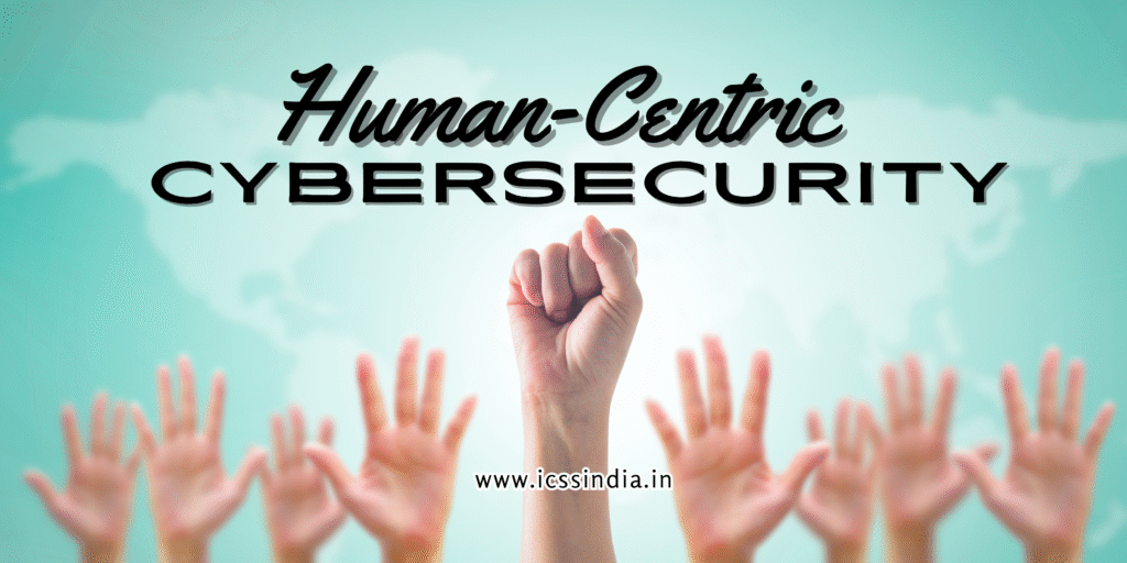 Illustration showing Human Centric Cybersecurity concept with people, locks, and digital shield emphasizing the human role in cyber defense