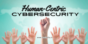 Illustration showing Human Centric Cybersecurity concept with people, locks, and digital shield emphasizing the human role in cyber defense