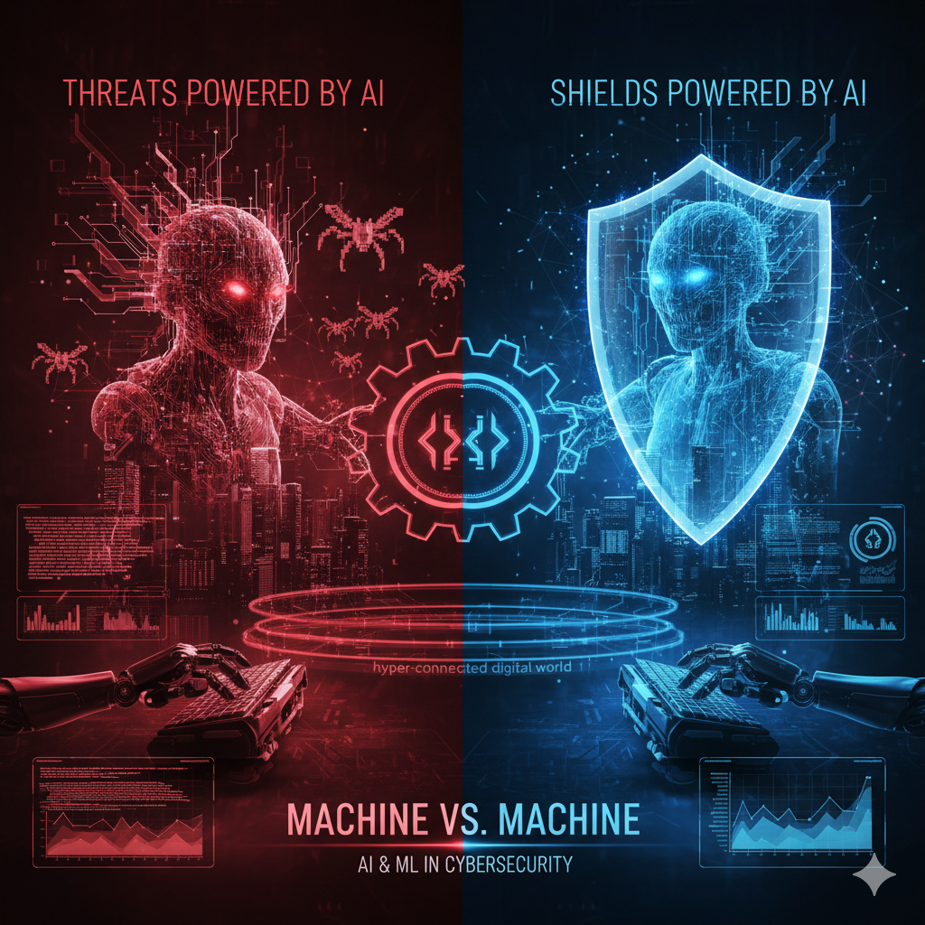 Digital illustration showing AI-powered threats versus AI-powered defenses in cybersecurity — representing machine versus machine cyber warfare.