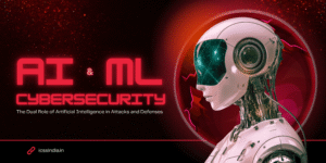 Futuristic humanoid robot symbolizing AI and Machine Learning in Cybersecurity, representing the dual role of AI in cyber attacks and defenses with a red digital background.